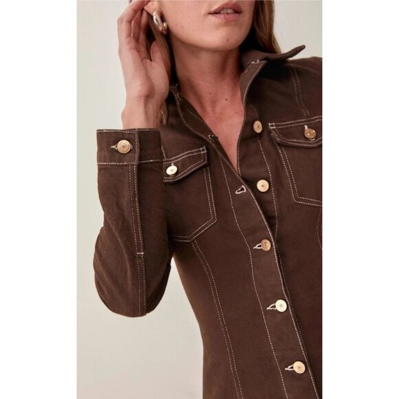 NWT Reformation Newman Brown Denim Button Front Mini Dress Long Sleeve Size 12 - Picture 2 of 13